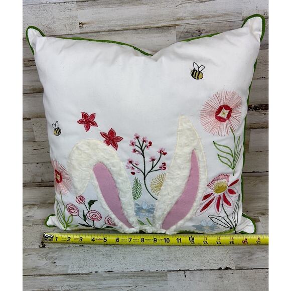 Throw Pillow EASTER BUNNY FUZZY EARS 17x17 Embroidery Flowers Spring - Picture 3 of 4